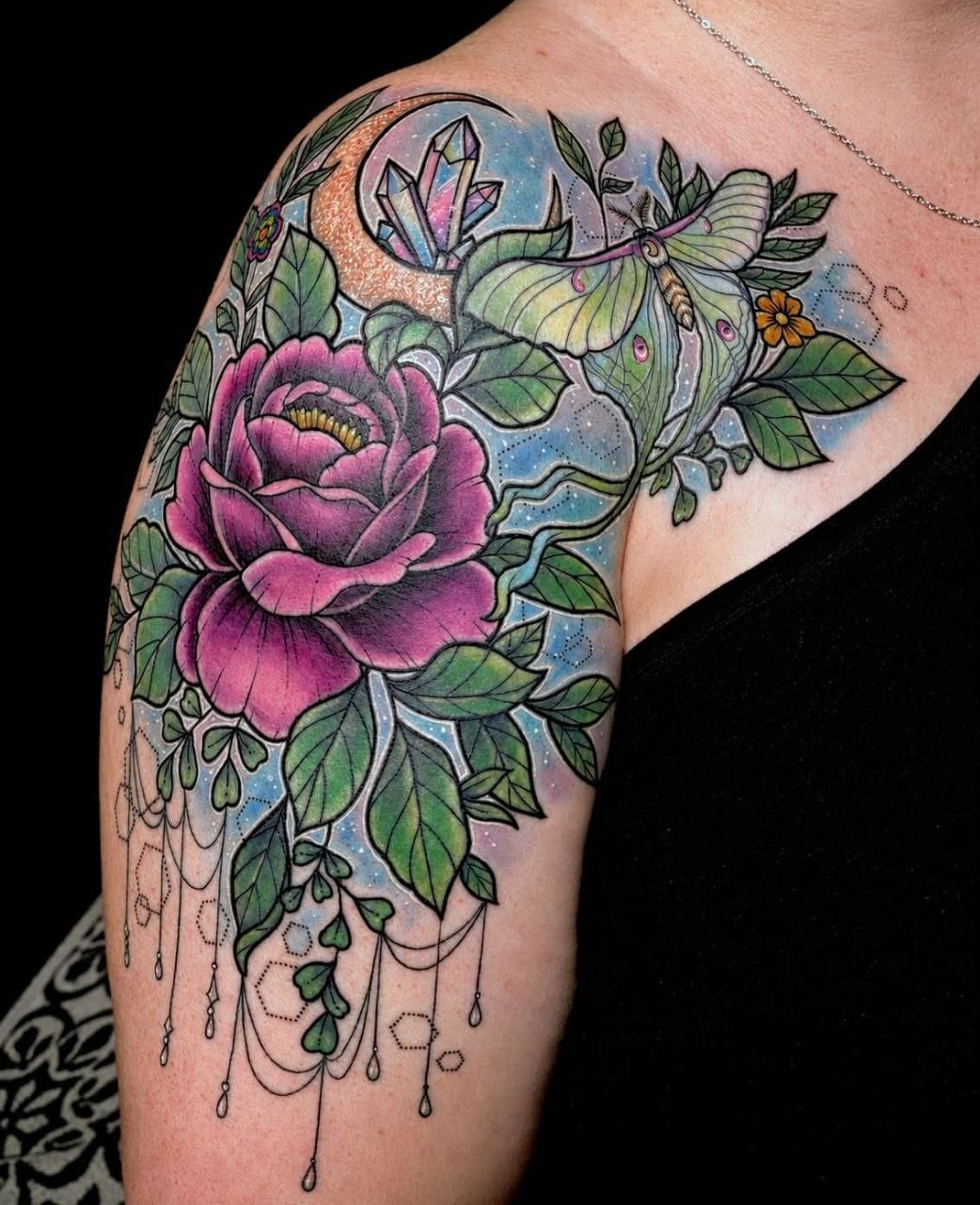 Luna moth with crystals and peony — Emily Gauldreault portfolio piece