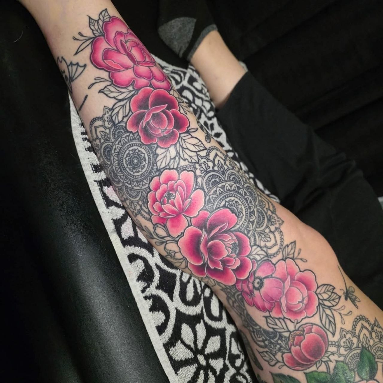 Vibrant pink roses with mandala geometric patterns by Emily Gauldreault